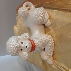 Vintage Atlantic‎ Mold Ceramic White Curly Poodle Gold Studded Red Collar